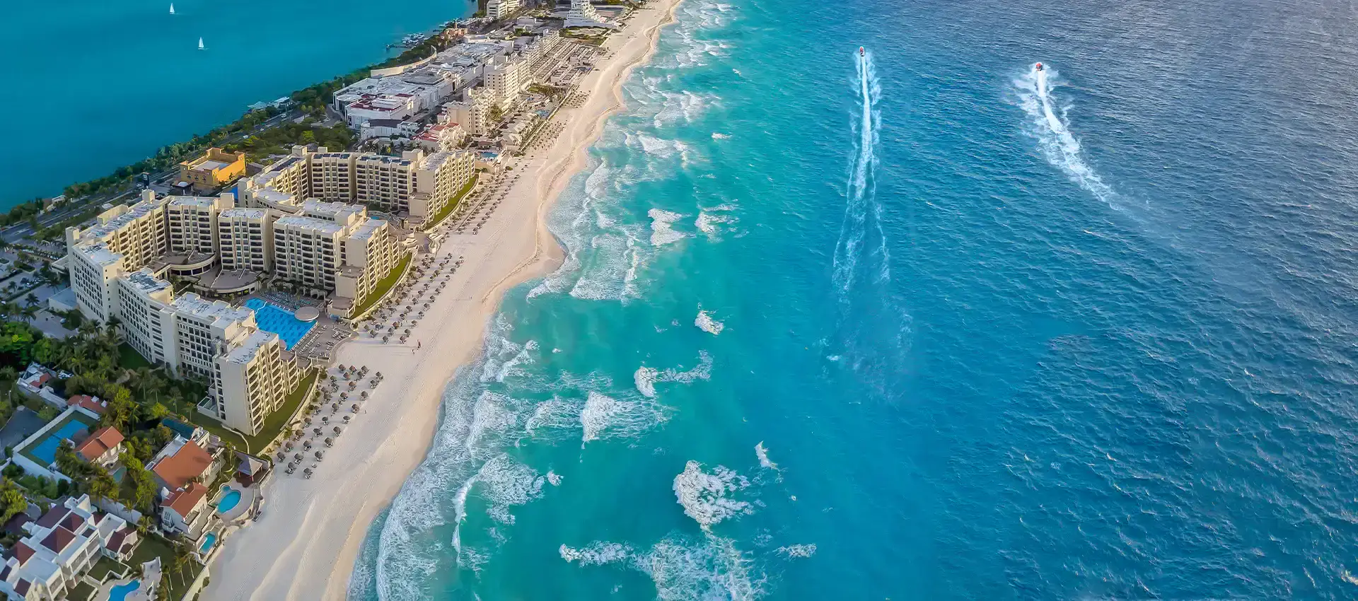 Cancun aerial view of the hotels and beach